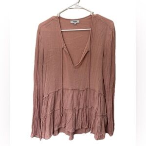 Kensie Jeans Boho Blouse Large Dusty Rose Ruffle Hem Long Sleeve Peplum Top